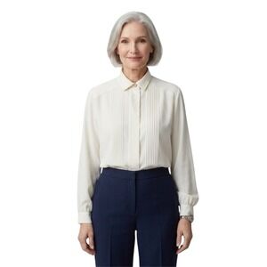 TanJay Vintage Cream Pleated Tuxedo Blouse Long Sleeve Embroidered Collar 20W